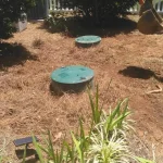 Two covered septic tank holes in the backyard.